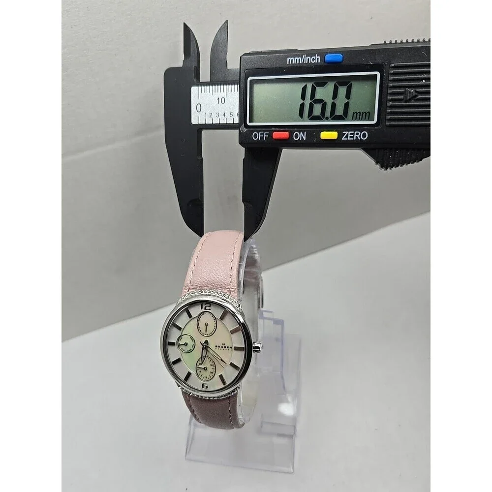 Skagen 586SSLP Womens Day Date Watch MOP Crystal Bezel Pink Leather New Battery